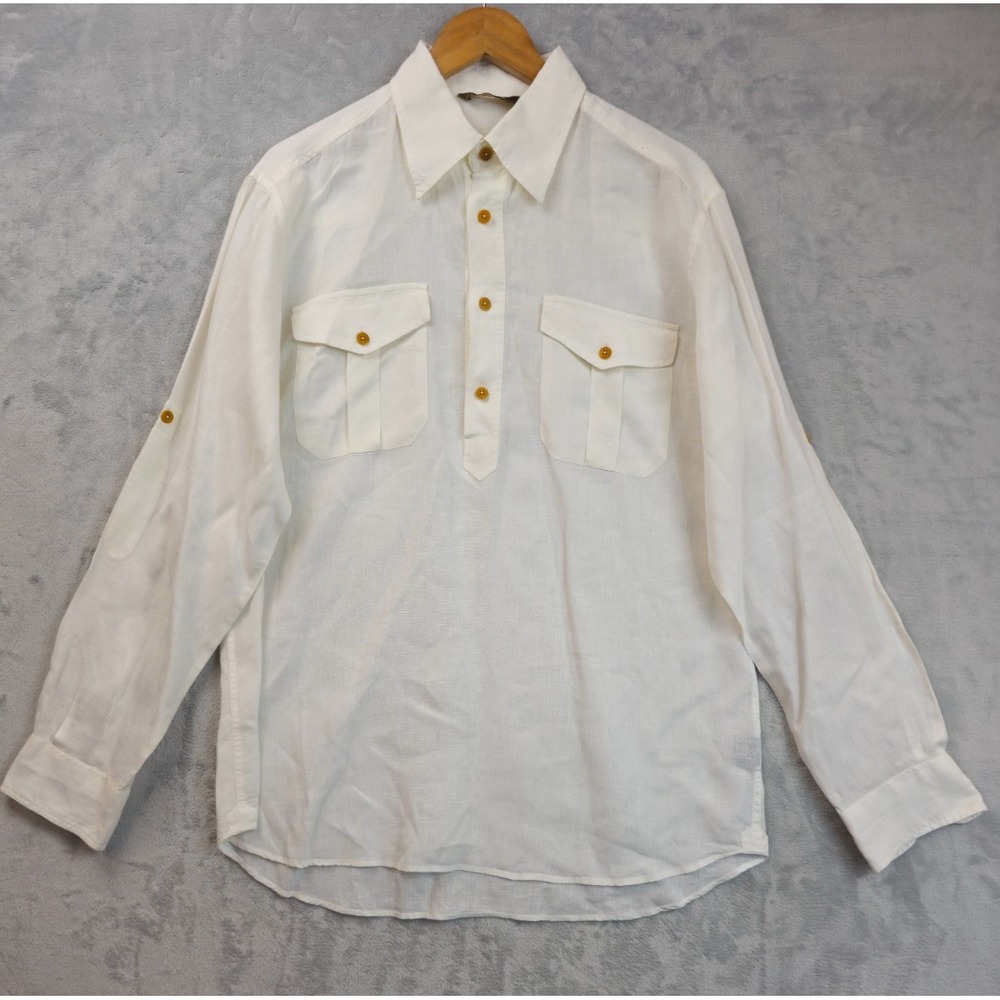 JL Powell Linen Shirt Mens Medium White 1/2 Button Roll Tab Long Sleeve Portugal